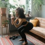 Woman in active wear doing squats on a yoga mat in a cozy indoor setting with plants and natural light.